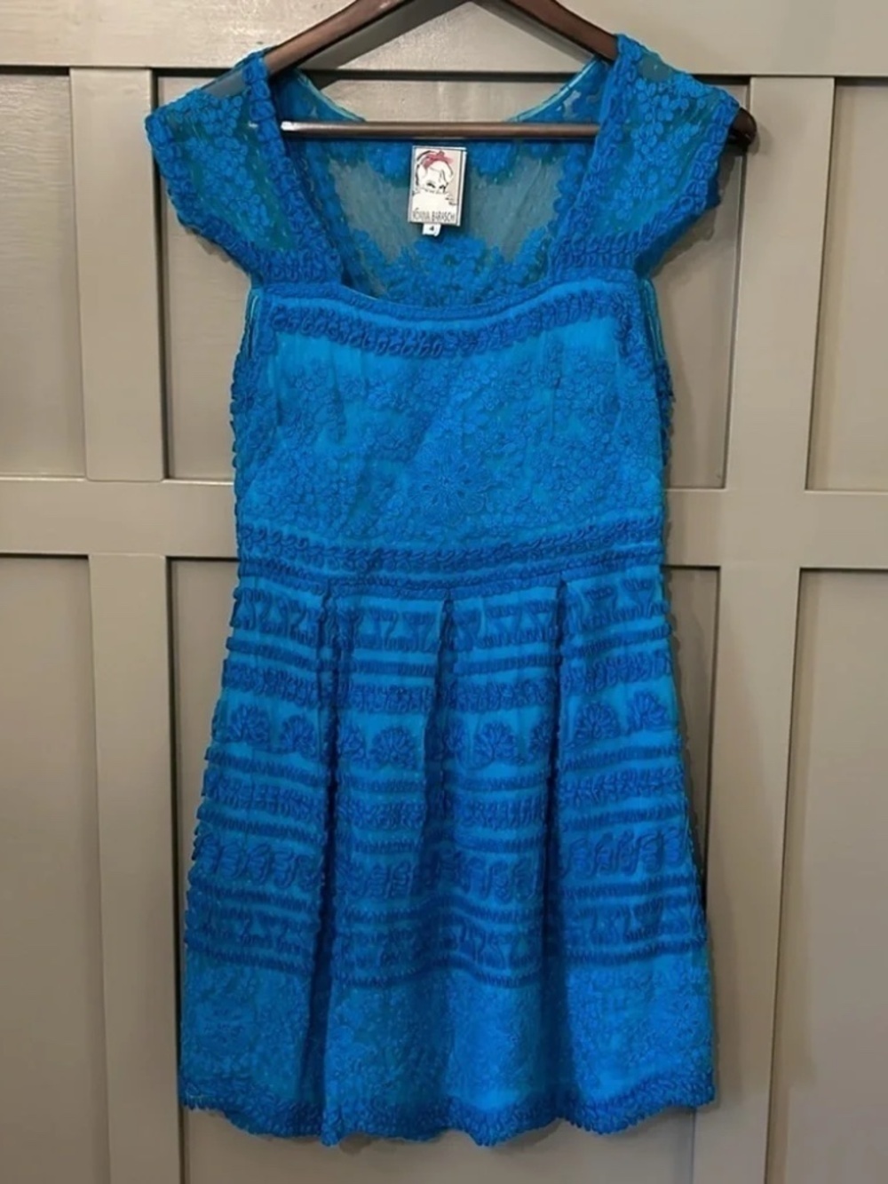 Anthropologie Yoana Baraschi Lace Textured Dress Cap Sleeve A-Line Blue Size 4
